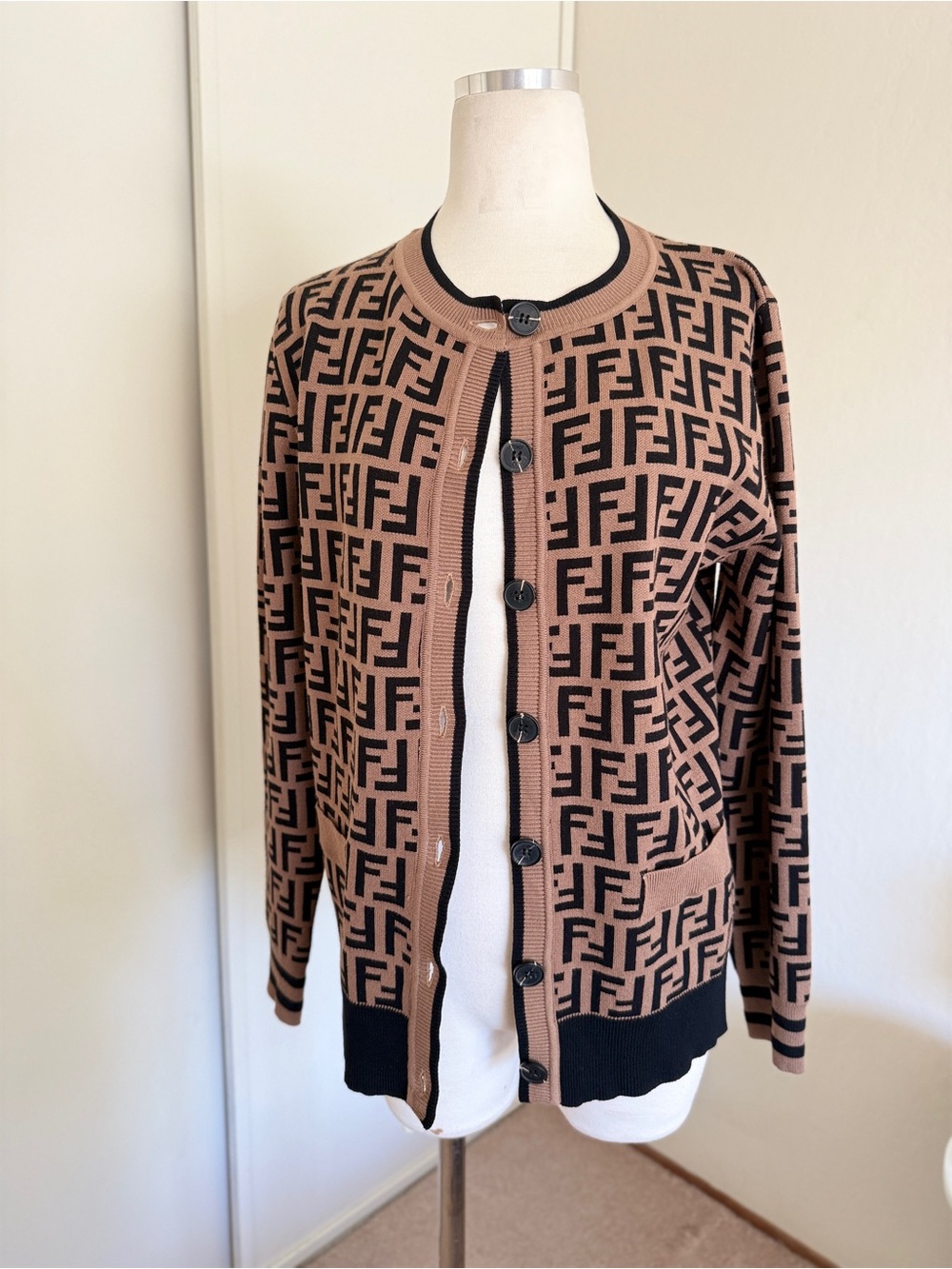 Fendi Brown and Black FF Logo Jacquard Cardigan